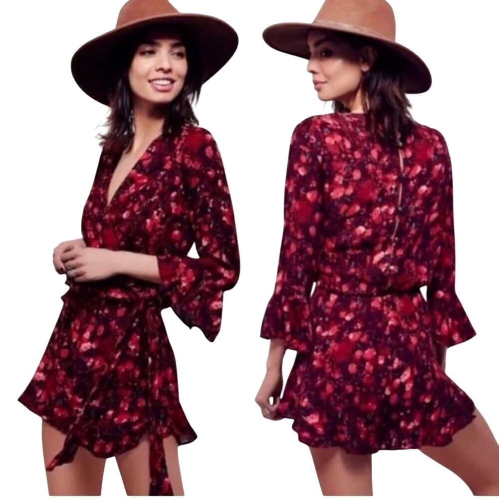 Free People Romper Size XS‎ Red Wild Moon All The Right Ruffles Boho Bell Sleeve